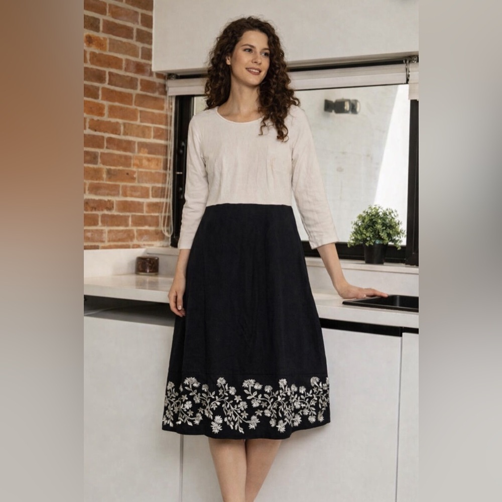 J. Jill Christian Siriano Petite Colorblock Dress Embroidered Floral Hem
